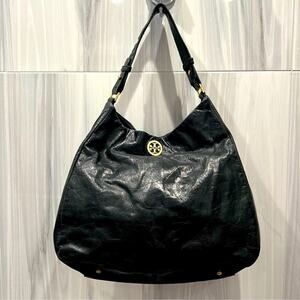 Tory Burch Black Glazed Leather Shoulder Bag EUC